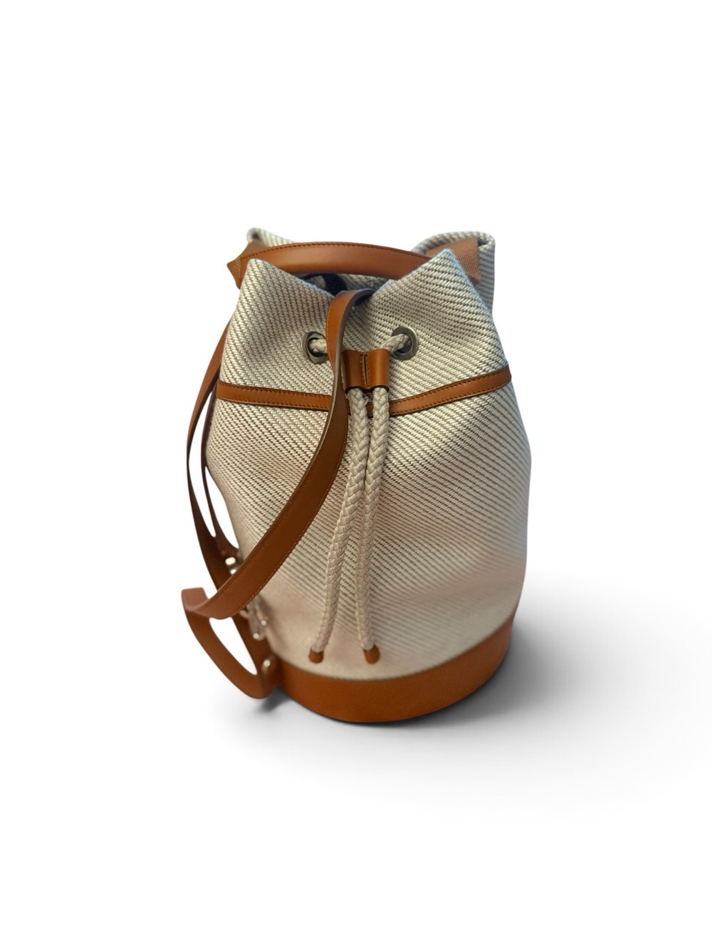 Loro Piana Cream Canvas Bucket Tote with Tan Leather Trim and Canvas Cover Bag - Picture 6 of 14
